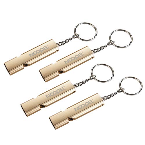 Noopel Emergency Whistles Lifeguard Safety Whistle with Lanyard and Keychain for Outdoor Camping Hiking Boating Backpacking Fishing Kayak Kids Rescue Signaling Loud Survival Whistle - color: 4 Pack Gold