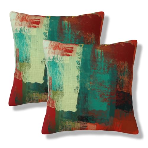 Abstract Teal Throw Pillow Covers Green and Orange Square Pillow Cases 20x20 Inch Set of 2 Messy Rust Painting Outdoor Decorative Pillowcase Cushion Cover for Couch Sofa - color: Green Red, size: 20" x 20" (Pack of 2)