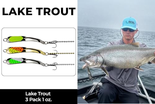 IRON DECOY Spoon Fishing Lures 3-Pack, Multi-Species Metal Spoons for Trout, Walleye, Bass, Salmon, Pike, Ice Fishing & Trolling, Vibrating Spoon Lure Kit - color: Lake Trout, 1 oz
