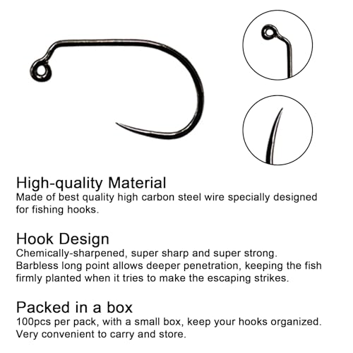 Eupheng Fly Fishing Hooks 100pc Pack Micro Barbed High Carbon Steel Bronze Forged for Dry Flies, Curved Nymphs, Shrimp,Caddis Pupa - color: EP FLY-C&R-JIG-0053, size: #12