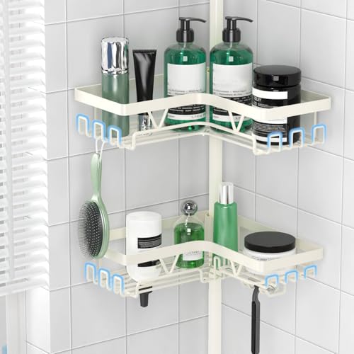 DAOYA Corner Shower Caddy Tension Pole, 4-Tier Adjustable Corner Shower Caddy with Soap Dish & Razor Holder, Stainless Steel Tension Pole Shelf Fits Bathtub & Floor 25-114.2 inches(Off-white) - color: Off-white