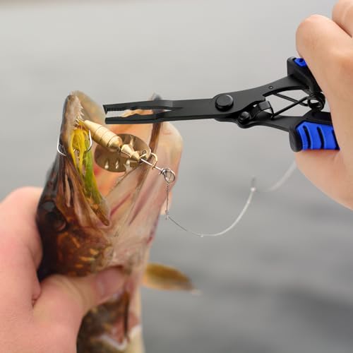 mouhike Fishing Pliers Fish Lip Gripper Fishing Tool Kit Muti-Function Saltwater Fishing Line Cutter Hook Remover with Sheath Lanyard, Fly Ice Fishing Gear Fishing Gifts for Men Women - color: Blue & Black