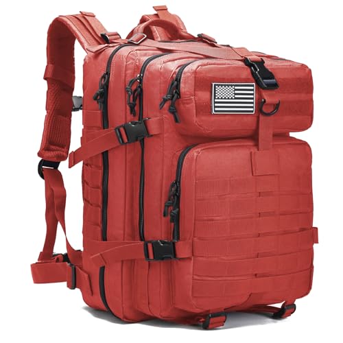 Tactical Backpack for Men, 45L Military Gym Backpacks, Large 3-Day Assault Pack Bug Out Bag MOLLE Daypack for Rucking Fishing Camping (Red) - color: Red