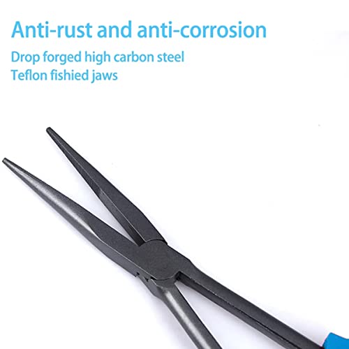 11" Long Nose Fishing Pliers, Straight & Bent Jaws, PTFE Coated Corrosion Resistant, Hook Remover & Braid Cutter Fishing Needle Nose Pliers, Saltwater Freshwater Gear for Bass Snook Trout - color: Blue Black