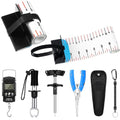 VioraWhite 7 Pcs Fishing Gear and Equipment Tools Accessories Kit with 47 in Fishing Ruler Stainless Steel Pliers, Fish Handle, T-Shaped Hook Remover, Electronic Scale, Lanyard, and Black Storage Bag