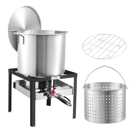 VEVOR 60 Qt Seafood Boiling Kit with Strainer, Outdoor Seafood Boil Pot and Basket, Cooking Set for Crab Crawfish Lobster Boiling, Aluminum Stockpot with 100,000 BTUs Propane Burner and Steamer Rack - style: 60-qt