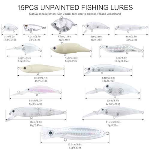 207Pcs Unpainted Fishing Lures Making Kit DIY Blank Jerkbait Crankbaits Minnow Hard Bait Set Include Treble Hook Split Rings Lure 3D Eyes Stickers