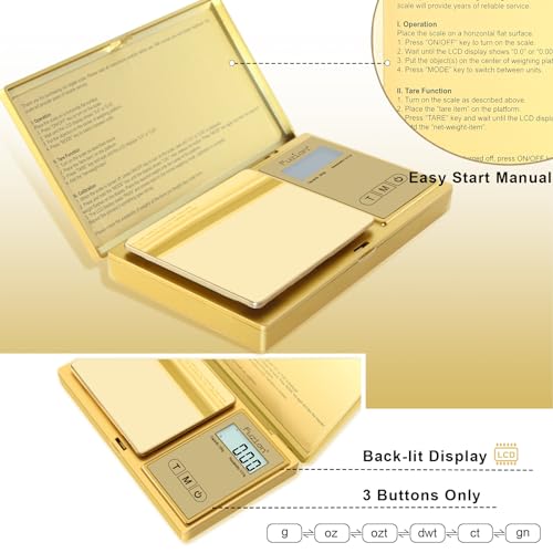 Fuzion Gram Scale, 200gx0.01g Digital Pocket Scale Gold Titanium Plating, High Precision Small Scale, 6 Units Jewelry Scale with Back-Lit LCD, Tare Function for Food, Powder, Herb, Arrow, Travel - color: Gold, size: 200g without Accessories