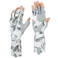 KastKing Agies Fishing Gloves Men, UPF 50+ Sun Gloves UV Protection, Cooling Quick-Dry 3/4 Fingerless Gloves with Extended Cuff, Microfiber Palm & Pull Tabs, for Fishing, Kayaking, Hiking, Hunting - color: X Camo-White, size: Large-X-Large
