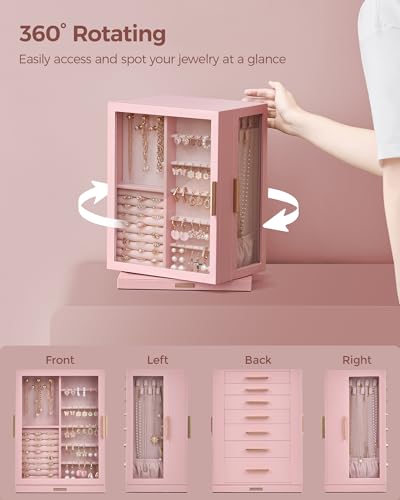 Glimmloop 360° Rotating Jewelry Box with 7 Drawers, Spacious Vertical Jewelry Organizer with Glass Window, Jewelry Storage Case, Dustproof & Moisture-resistant Design, Pink - color: Pink, size: 7 Drawers (6.2"D x 9.2"W x 12.7"H)