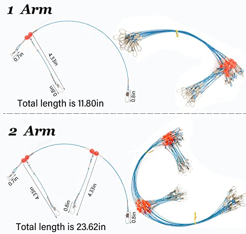 YOTO Fishing Leaders,Saltwater Tackle Rig with Swivels Snap, High-Strength Fishing Wire Gear Equipment for Lures Bait Or Hooks,1Arm and 2Arm - color: Blue Stainless Steel Leaders, style: 2arm，12pack