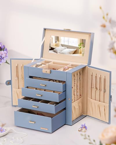 Homde Synthetic Leather Huge Jewelry Box Mirrored Watch Organizer Necklace Ring Earring Storage Lockable Gift Case (Grey Blue + Gold) - color: Grey Blue + Gold