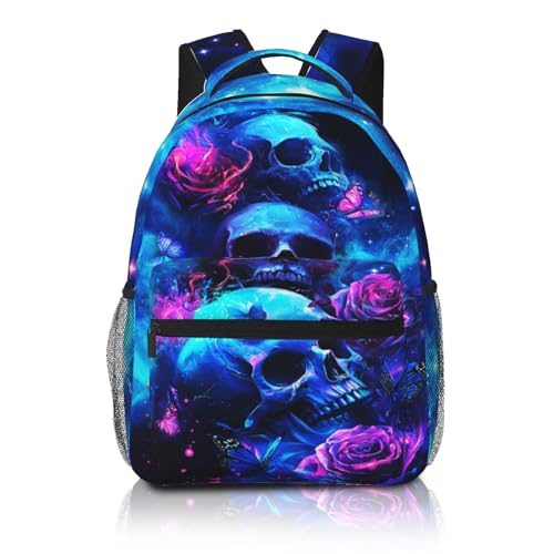 Skull Backpack for Boys Purple Rose Schoolbag for Girls Teenage Kids Cute Children Lightweight Waterproof Adjustable Book Bag for Travel Hiking Camping Gym Backpack for Kids Boys 8-12 - color: Skull 01