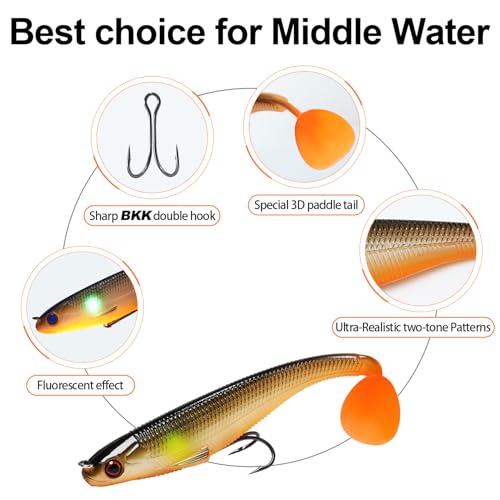 TRUSCEND Shadtale Easy Catch Soft Fishing Lures with BKK Hooks - Trembly Sinking and Vibrating Swim for More Bites, Pre-Rigged Swimbaits for Bass, Trout, Crappie, Walleye, Freshwater Saltwater Fishing - color: A1-3.5",1/4oz