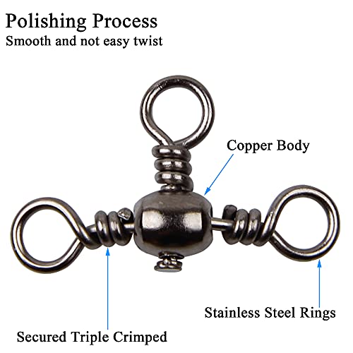 AGOOL 3 Way Swivels Fishing Tackle, 50/100pcs Crossline Barrel Swivel 3 Way Rigs T-Shape Three Way Swivels Fishing Tackle Connector for Catfish Rig Surf Fishing Rig - size: 5#_61lb