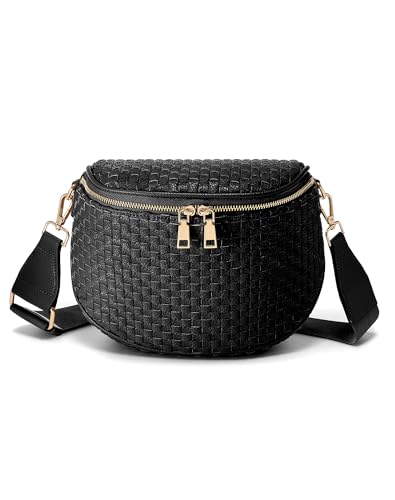 Trendy Woven Checkered Crossbody Bum Bag for Women，PU Leather Checkered Purse Fanny Packs Belt Bag (Woven Bum Bag - Pure Black) - color: Woven Bum Bag - Pure Black