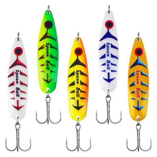 Fishing Spoons Lures Kit, 5PCS Metal Jigging Spoons Casting Trolling Spoons Pike Spoon with Treble Hooks for Bass Trout Pike Tuna Salmon Walleye Crappie Freshwater Saltwater Fishing - color: TypeA, size: 1/2OZ