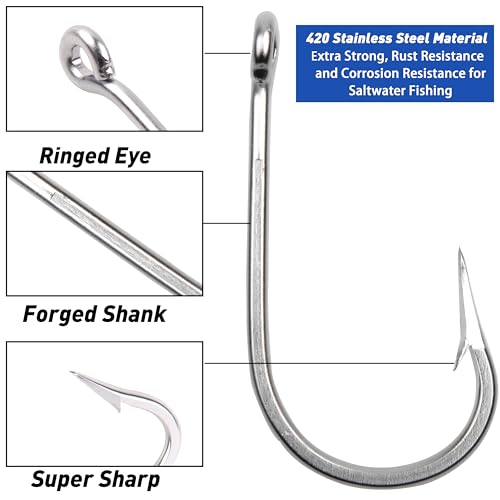 Fishing Hooks Saltwater Tuna Hooks, 15pcs Stainless Steel Big Game Hooks Forged Ringed Extra Strong Saltwater Fishing Tackle for Salmon Tuna Fishing - size: 10/0