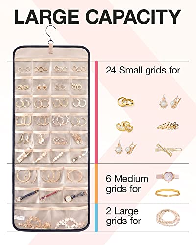 BAGSMART Hanging Jewelry Organizer Storage Roll with Hanger Metal Hooks Double-Sided Jewelry Holder for Earrings, Necklaces, Rings on Closet, Wall, Door, 1 piece, Large, Black - color: Black, size: L