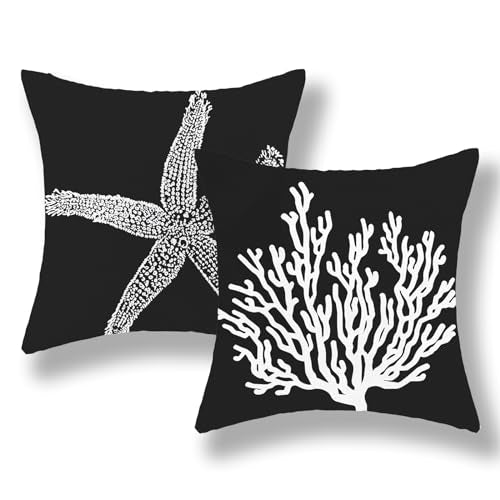 Coastal Pillow Covers 18x18 Set of 2 Black Starfish Throw Pillows Nautical Ocean Decorations Summer Beach Coral Pillowcase Outdoor Decor Linen Farmhouse Square Cushion Case for Sofa Bedroom - color: Black Starfish Coral, size: 18" x 18" (Pack of 2)