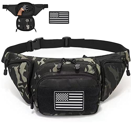 Tactical Fanny Pack Gun Holster Concealed Carry Pistol Military Tactical Waist Bag Waterproof Molle EDC Pouch with USA Flag Patch - color: Black Camouflage