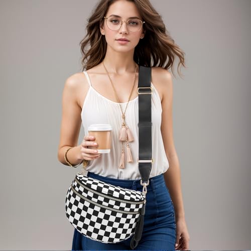 Crossbody Bags for Women, Checkered Bum Bag Crossbody, Spacious Nylon Shoulder Handbag Mom Bag (black-white checkered) - color: black-white checkered