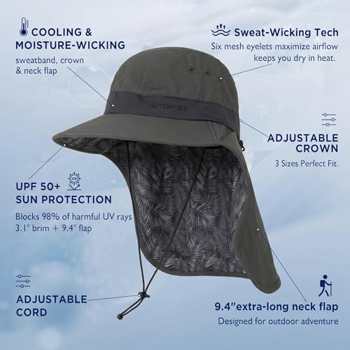 TOP-EX Cooling Sun Hat with Neck Flap – UPF 50+ Wide Brim Breathable Hat for Hiking, Fishing & Big Heads - color: Dark Grey - Tropical Palm, size: Large-X-Large