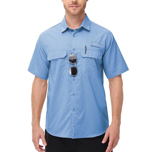 Satankud Fishing Shirts for Men Short Sleeve Sun Protection Cooling Hiking Shirt for Travel Safari Camping Work - color: Mist Blue, size: Small
