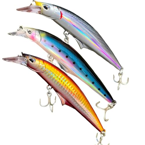 3pcs Sinking Bass Fishing Lures Saltwater Long Casting Laser Minnow Fishing Baits Hard Lure Fishing Kits Accessories (AH - color: AH1445B-5.5'' 1.6oz