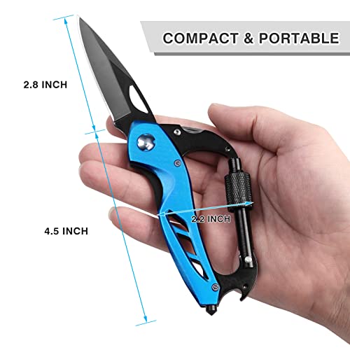 FUNBRO EDC Multitool Carabiner with Knife, Bottle Opener, Window Breaker and Screwdriver, Survival Knives Tools for Men Outdoor Camping (Blue) - color: Blue