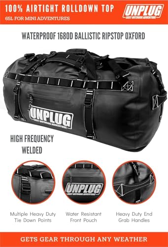 UNPLUG Ultimate Adventure | 1680D Heavy Duty Waterproof Bag | Large Travel Bag which can be Used for Camping, Motorcycling, Boating, or Hunting| 65L BLACKOPS - color: BlackOps, size: 65L