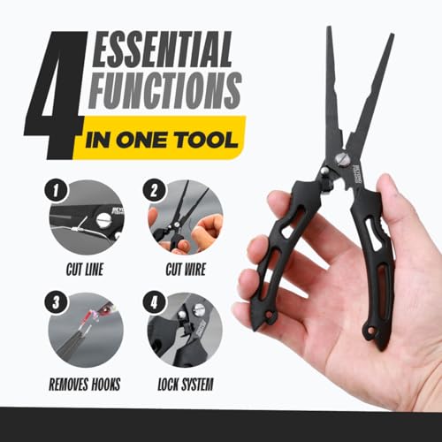 Beyond Fishing QuickRig Fishing Pliers – Multifunction Stainless Steel Split Ring Pliers for Fishing with Line Cutter & Crimper – Corrosion Resistant & Spring Loaded Design - color: 8.5" Long Nose - Black