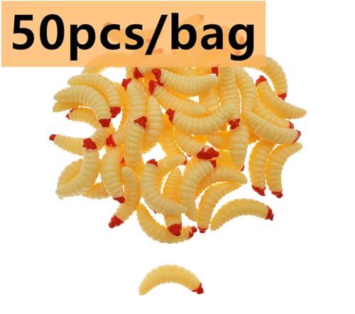 50pcs-1Inch Bass Fishing Worms Lures,Silicone Soft Maggot Baits Bread Worm Fishing Lure,5 Color - color: Beige