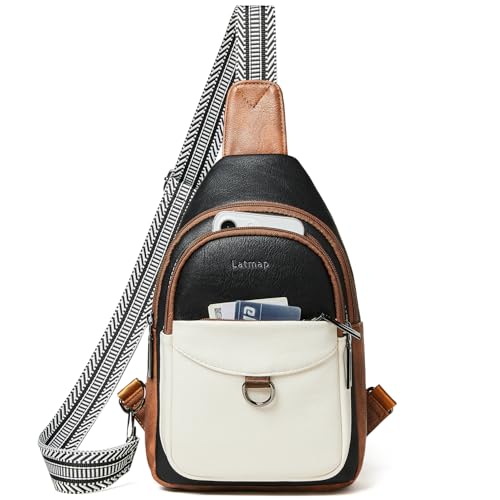 LATMAP 7L Sling Bag for Women Men Crossbody Belt Bag Small Travel Sling Backpack Anti Theft Chest Daypack Purse Faux Leather - color: Black and Beige With Brown