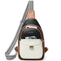 LATMAP 7L Sling Bag for Women Men Crossbody Belt Bag Small Travel Sling Backpack Anti Theft Chest Daypack Purse Faux Leather - color: Black and Beige With Brown