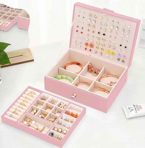 QBestry Girls Jewelry Box Earring Holder Organizer for Girls Earring Organizer Teen Jewelry Box Organizer for Girl Pink jewelry Boxes for Earrings Necklaces Rings Stud Earrings Box Organizers Teens - color: Pink, size: Medium