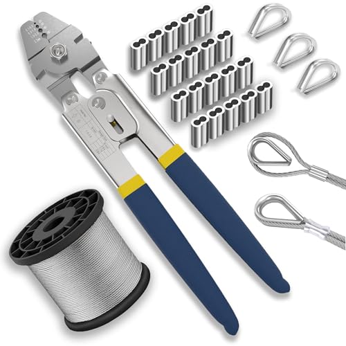 Wire Rope Crimping Tool Kit, 100FT Stainless Steel Cable, 100PCS Aluminum Crimping Loop Sleeve, Wire Rope Thimble