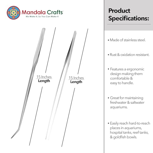 Mandala Crafts Silver Straight Curved Aquarium Tweezers for Fish Tanks | 15 Inch Forceps, Rust Resistant Stainless Steel, Trimming Aquatic Plants, Bowls, Terrariums, Freshwater & Saltwater Aquascape - color: Stainless Steel Curved Straight Tweezers, size: