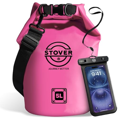 STOVER 5/10/25/30/40/55L Waterproof Dry Bag, Small Lightweight Roll Top Dry Bag Backpack w/Waterproof Phone Case, Kayaking, Travel, Hiking, Fishing, Tubing, Camping, the Beach, Men/Women (Pink) - color: 5l Pink, size: 5L