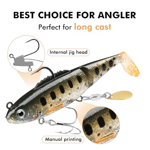 TRUSCEND Shadtale Easy Catch Soft Fishing Lures with BKK Hooks - Trembly Sinking and Vibrating Swim for More Bites, Pre-Rigged Swimbaits for Bass, Trout, Crappie, Walleye, Freshwater Saltwater Fishing - color: D-2.8"-0.3oz
