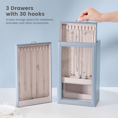 Lolalet Necklace Organizer Box, Jewelry Storage Box with Clear Window for Necklaces Bracelets, Tangle-Free Necklace Display Case for Women Girls, Dusty Blue, 3 Layers 30 Hooks - color: Dusty Blue, size: 3 Layers, 30 Hooks