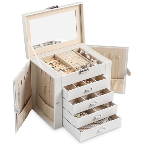 Frebeauty 5-layer Jewelry Box,Faux Leather Jewelry Organizer with 4 Drawers,Jewelry Organizers and Storage with Mirror,Jewelry Holder Organizer for Necklace,Jewerly Boxes for Women Girls(White) - color: Pearl White, size: Medium