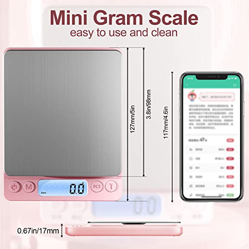 Digital Food Scale for Food Ounces and Grams，YONCON 3000g/0.1gram Accuracy Multifunctional Kitchen Scale for Cooking, Baking | Small Size for Easy Storage | Tare Function, Pink - color: Pink