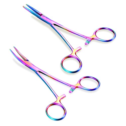 GEMQUEEN Piercing Curved and Straight Forceps for Changing Jewelry - 316L Surgical Stainless Steel Pliers Tool Set Colorful Locking Tweezers Clamps for Removal Earrings Lip Nose Rings 2 PCS - color: Colorful