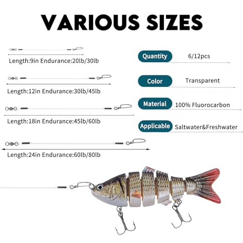 Eupheng Fluorocarbon Fishing Leader, 6/12PCS 20LB-80LB Invisible Fluorocarbon Leaders with Swivel and Snap,100% Fluorocarbon Leaders Line for Saltwater Freshwater - color: 6PCS, size: 12inch-30lb