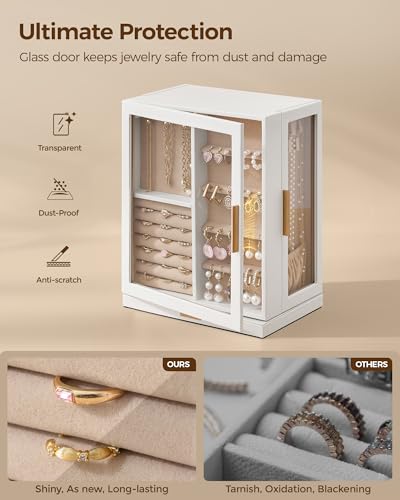 Glimmloop 360° Rotating Jewelry Box with 5 Drawers, Spacious Vertical Jewelry Organizer with Glass Window, Jewelry Storage Case, Dustproof & Moisture-resistant Design, White - color: White, size: 5 Drawers (6.2"D x 9.2"W x 11.4"H)