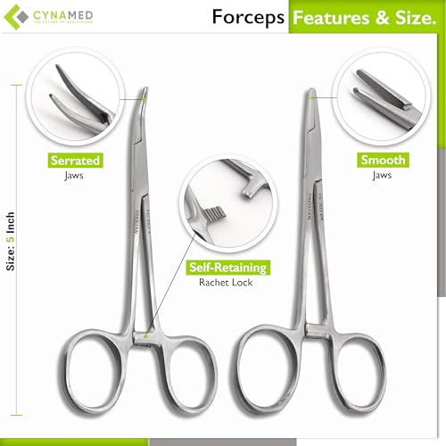 Set of 7 Pieces Scissors Forceps Hemostats Needle Holder Driver Set for Educational Training and Medical Procedures Made of Stainless Steel by Cynamed