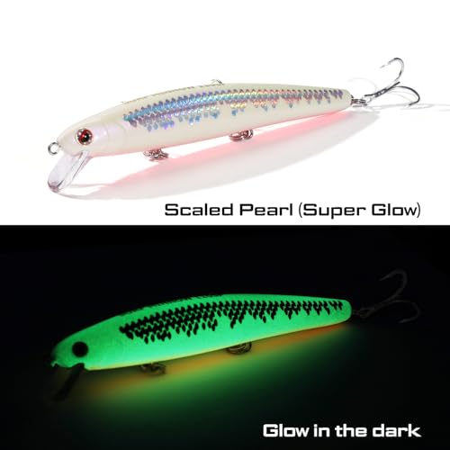 LITTMA California Surf Fishing Lures Saltwater Jerkbait Crankbait Surf Minnow 110/125 - Metallic Sardine Super Glow & Pearl Pink Belly Glow Lures for Halibut & Striper Fishing - color: Scaled Pearl (Super Glow), size: 110mm - 5/8oz