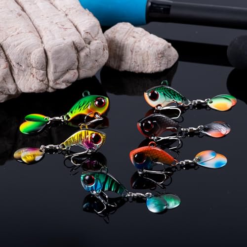 Goture Fishing Lures VIB Tail Spinners Bait Set, Two-Way Spinning Spoon System with Kona Treble Hook, Fixed Tube Anti-Tangle, 3D Eyes Sinking Lures with Tackle Box, Fishing Jigs Fishing Spinner Blade - color: B: 1/4 oz - 6 Pcs with Box