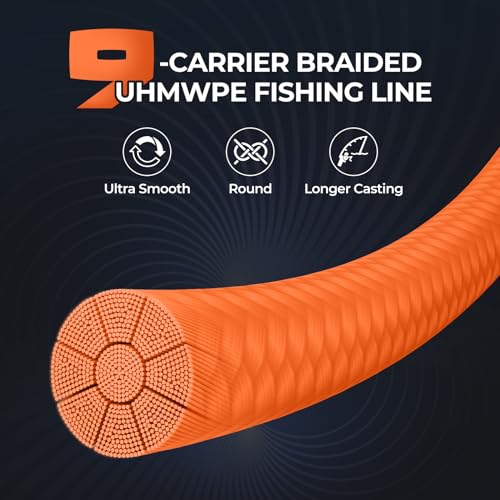 KastKing Hammer Alpha 9 UHMWPE Braided Fishing Line - Made in the USA, Strong and Smooth, Round, 9-Carrier, Colorfast Braided Fishing Line, Perfect for Most Fishing Reel and Finesse Applications - color: ORANGE, size: 30LB-300Yds(0.23mm)